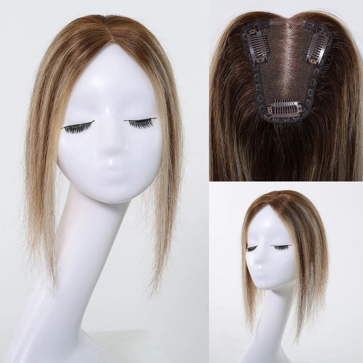 Brown Mixed Blonde Human Hair Toppers Middle Part 100% Remy Human Hair Straight Lace Base Clip in Hairpieces for Women Loss Hair Khamik Shop Online