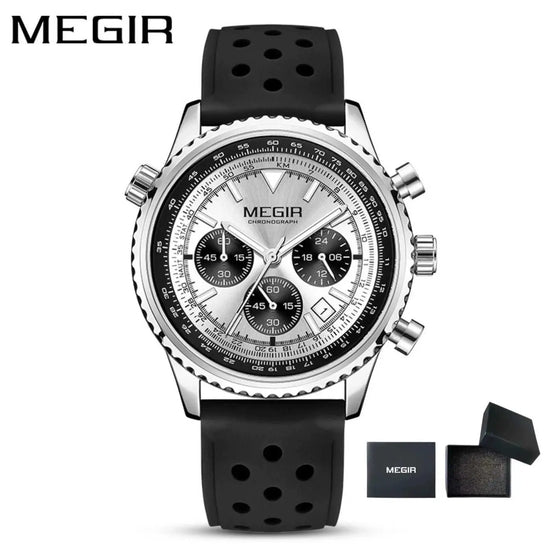 MEGIR Silver Black Quartz Watch Men Military Sport Chronograph Wristwatch with Silicone Strap Luminous Hands Auto Date 2236 Khamik Shop Online