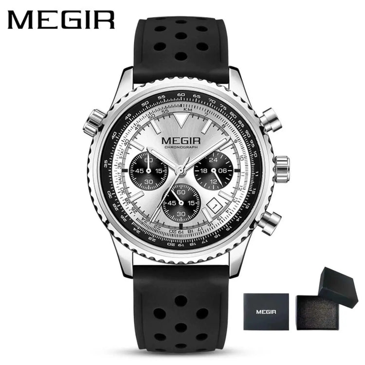 MEGIR Silver Black Quartz Watch Men Military Sport Chronograph Wristwatch with Silicone Strap Luminous Hands Auto Date 2236 Khamik Shop Online