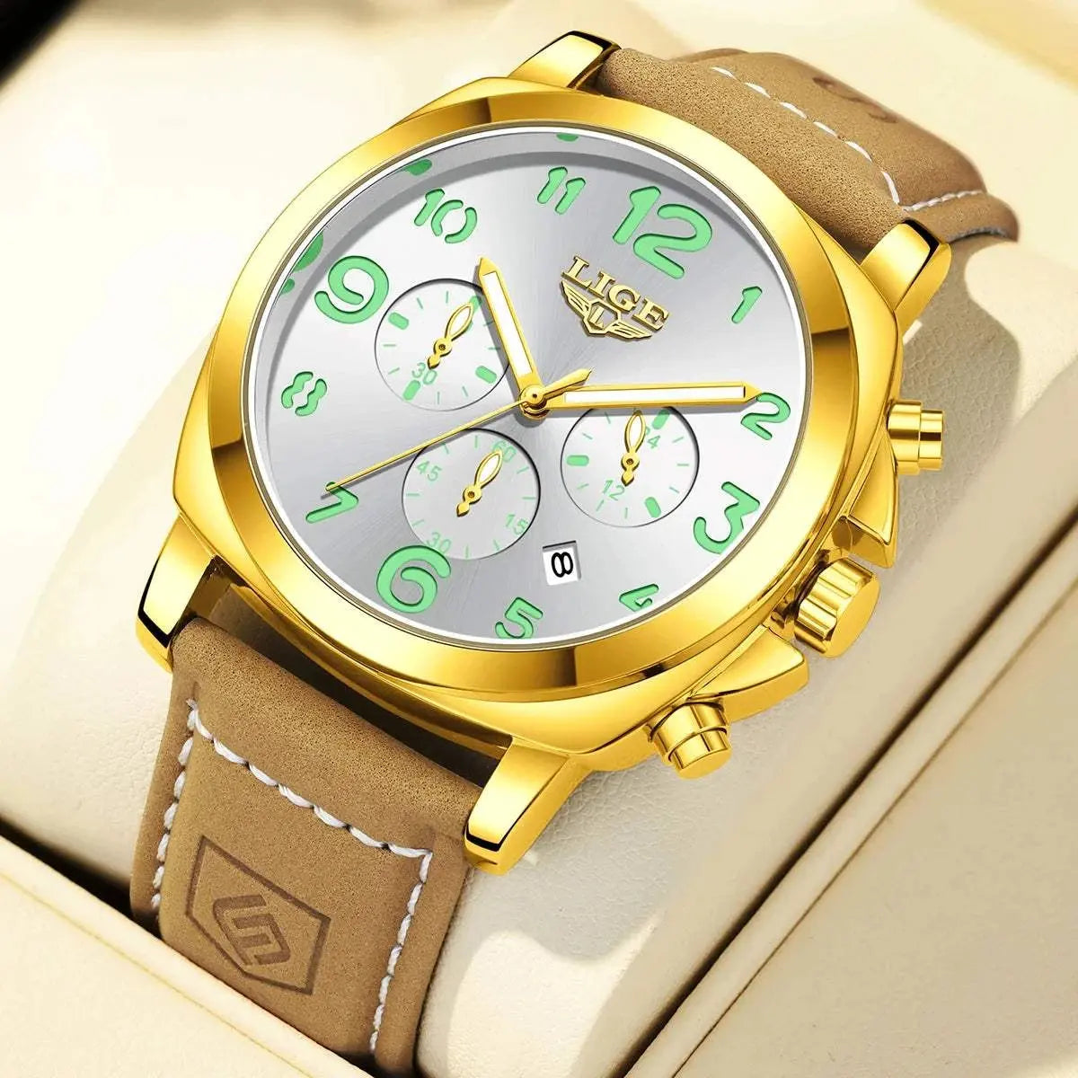 LIGE Casual Outdoor Quartz Man Watch Fashion Sport Waterproof Luminous Auto Date Leather Strap Wristwatch for Men Male Gifts Box Khamik Shop Online