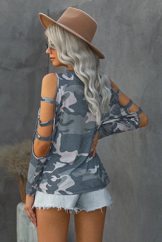 Camouflage Shoulder To Hollow Out Long Sleeve Top Jade