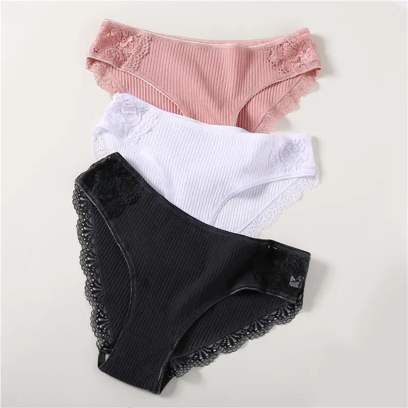 3PCS/Set 6 Color Women Panties Cotton Lace Briefs Solid Color for Female Striped Sexy Cotton Underwear Lingerie Low Waist Flower Khamik Shop Online