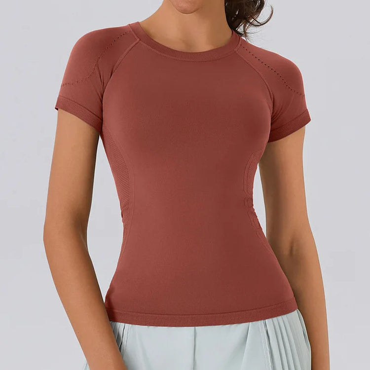 Women Yoga Shirts Sports T Shirt Summer Short Sleeve Round Neck Breathable Stretchy GYM Yoga Slim Fitness Active Top Tee Khamik Shop Online