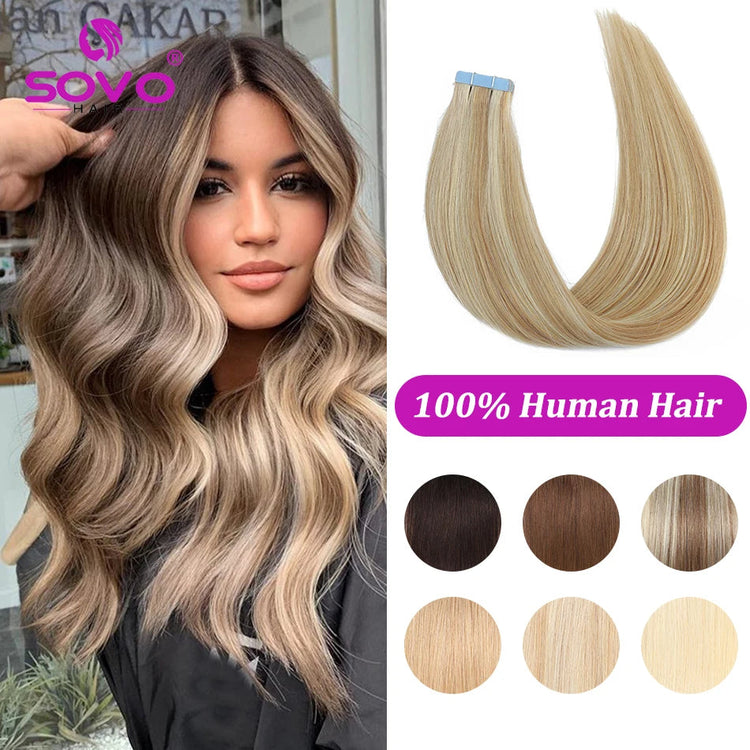 SOVO Tape in Hair Extensions 100% Remy Human Hair 20 Inch  20pcs  Balayage Skin Weft Tape in Extensions  12-26 inch Khamik Shop Online