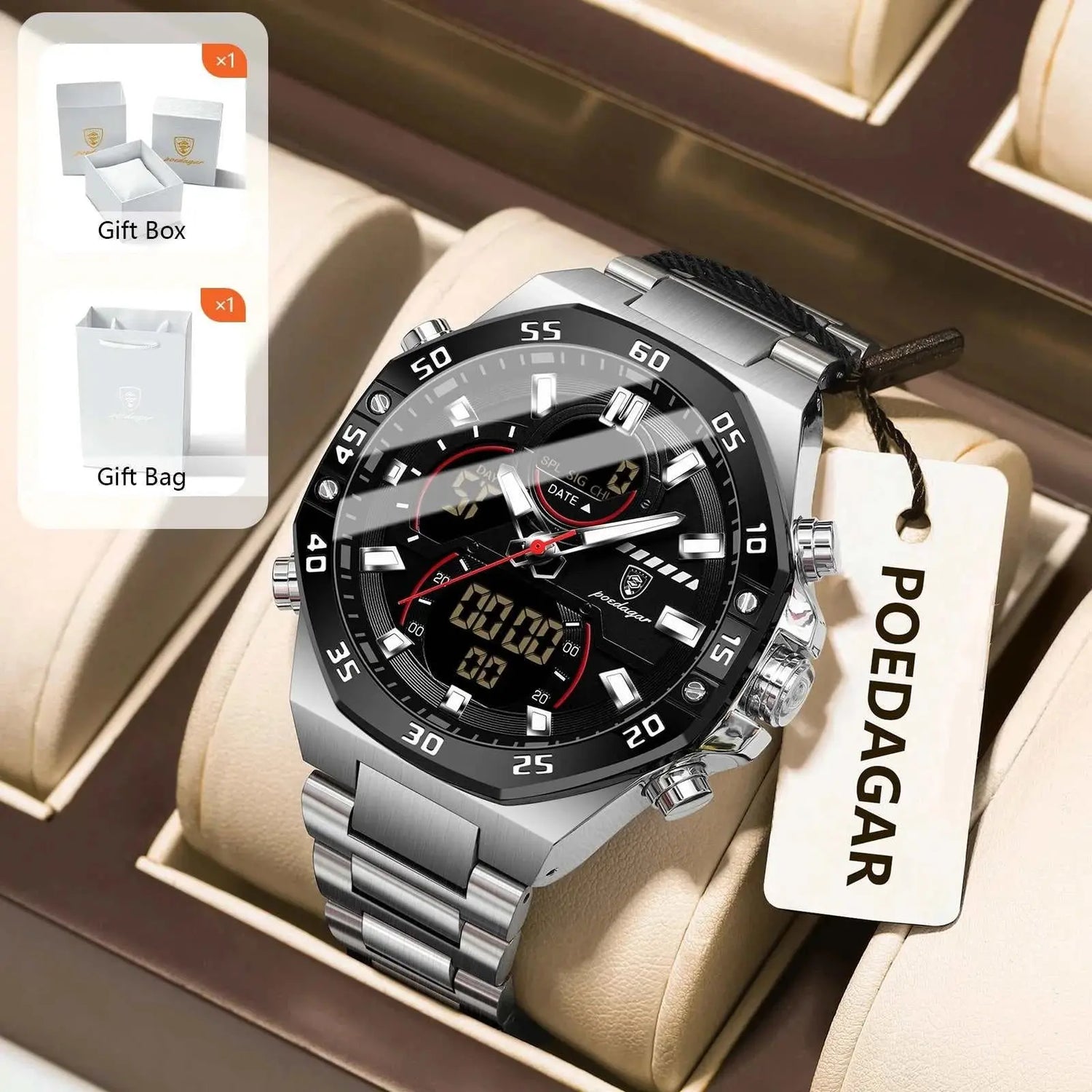 POEDAGAR Sport Men Watch LED Waterproof Week Date Digital Wristwatch Stainless Steel Quartz Military Men&