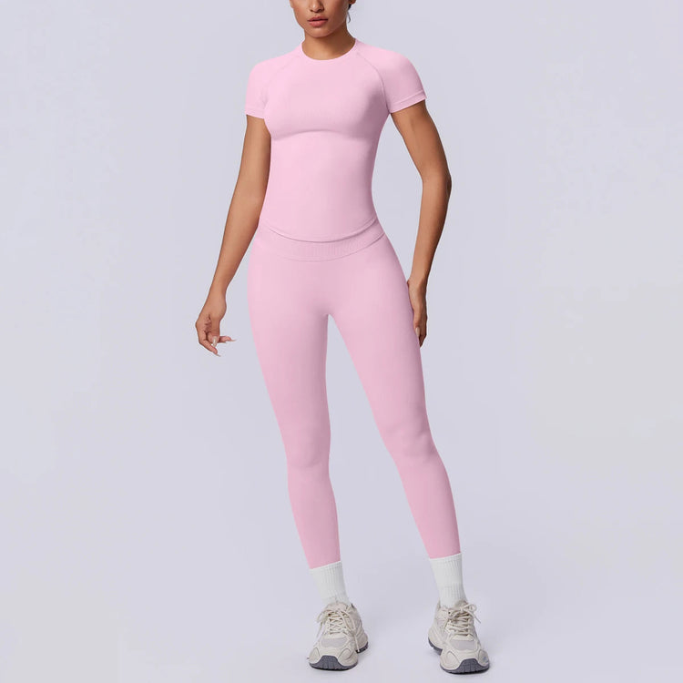 Rooftrellen New 2PCS/set Yoga Set Summer Quick Drying Fitness Sports Workout Top T-Shirt High Stretch Seamless Yoga Leggings Set Khamik Shop Online