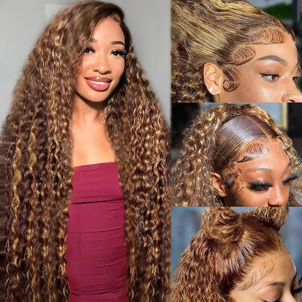 36 Inch Deep Wave P4/27 Highlight Ombre 13x6 13x4 HD Transparent Lace Front Wigs Curly Lace Frontal Wigs for Women Pre Plucked Khamik Shop Online
