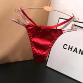 Sexy Silk Satin Thongs Hollow Out Fashion Solid Color Panties Cotton Crotch Low Waist Breathable Pure Color Women&