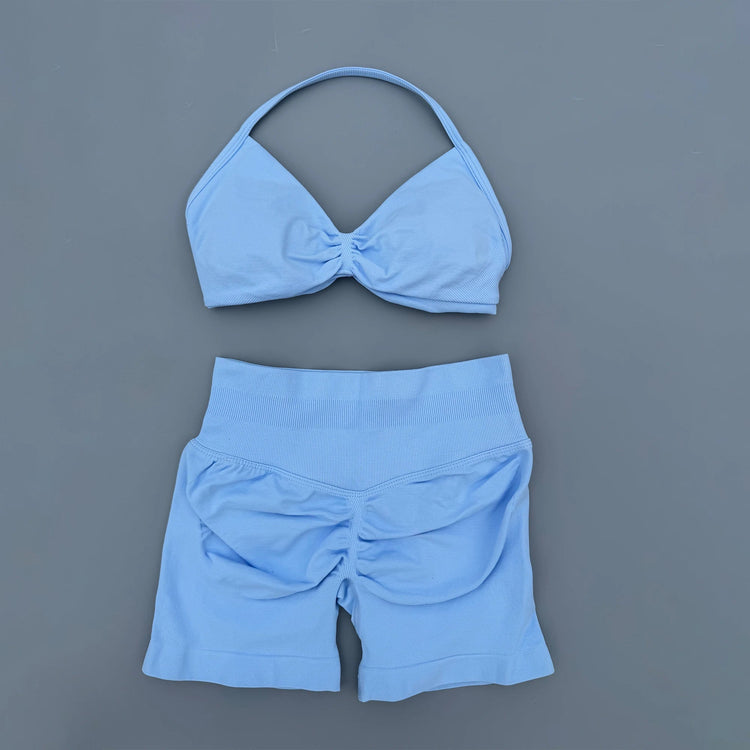 AURA SHARK Strappy Bra Gym Set Women High Support Thin Strap Seamless Halter Sports Scrunch Workout Yoga Set 2 Piece Khamik Shop Online
