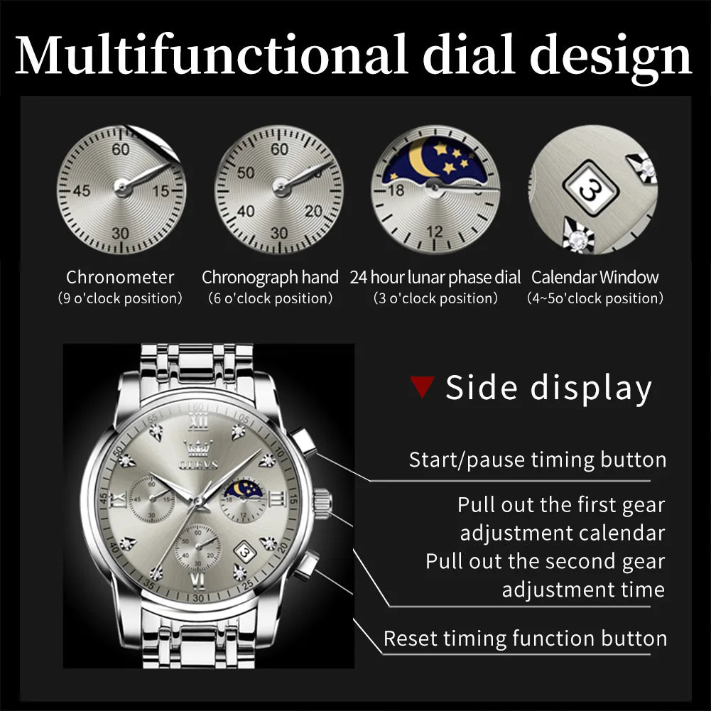 OLEVS 2858 Quartz Watch for Men Classic Three Eye Chronograph Small Dial 24 Hour Moon Phase Luxury Original Men&