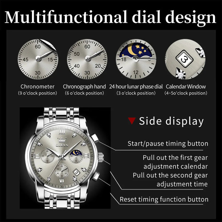 OLEVS 2858 Quartz Watch for Men Classic Three Eye Chronograph Small Dial 24 Hour Moon Phase Luxury Original Men&