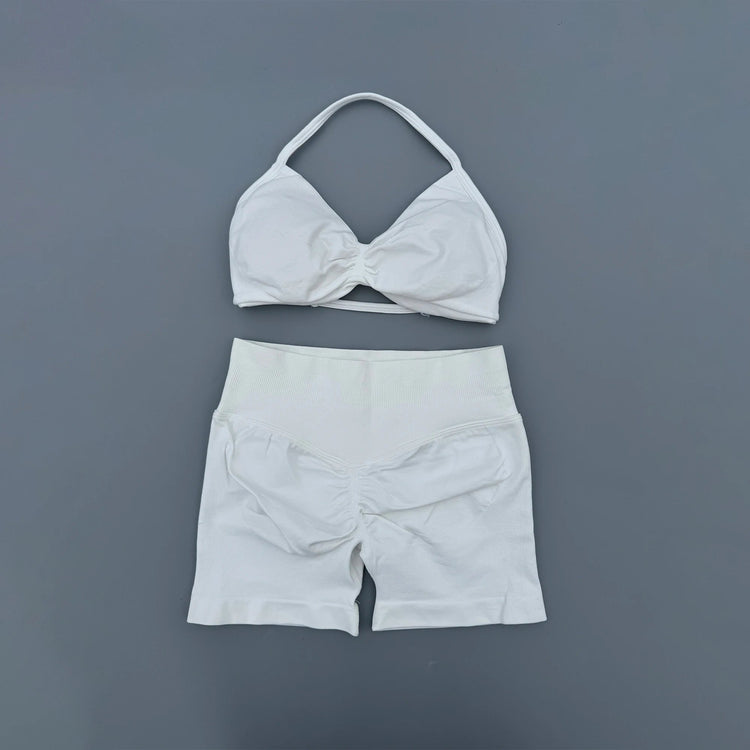 AURA SHARK Strappy Bra Gym Set Women High Support Thin Strap Seamless Halter Sports Scrunch Workout Yoga Set 2 Piece Khamik Shop Online