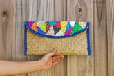 Hand woven Clutch Bag With Embroidery Triangles with Blue Trim. – Women&