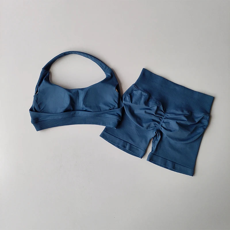 Sexy Halter Neck Beautiful Back High Waist Peach Sports Bras Shorts Suit Pilates Gathering Yoga Vest Training Fitness Bra Sets Khamik Shop Online