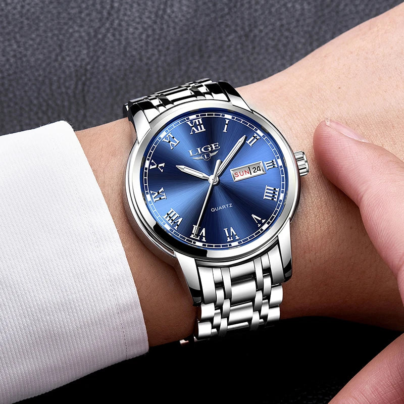 LIGE Top Brand Luxury Quartz Man Watch Fashion Business Stainless Steel Watches for Men Waterproof Casual Auto Date Weeks Clocks