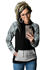 Camo Stripe Prints Splicing Hoodie Jade