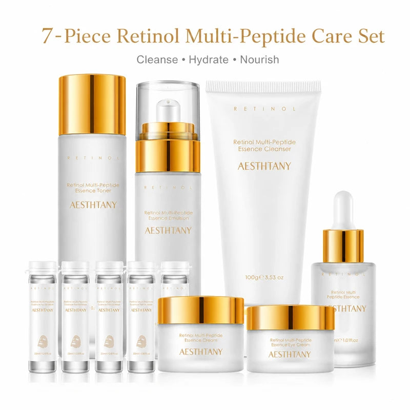7PCS Retinol Multi-Peptide Skincare Set Hydrating Face Care Routine Gift Box Toner Cleanser Essence Cream Mask for Smooth Glow Khamik Shop Online