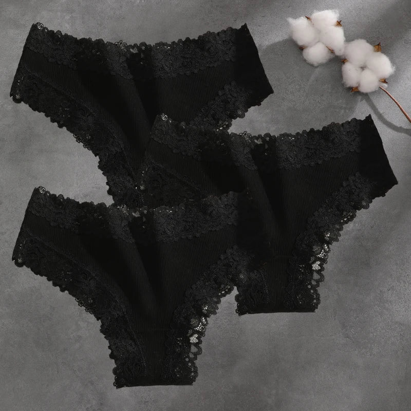 3Pcs Cotton Lace Patchwork Bikini Panties Women Seamless Floral Print Brazilian Pants Low Waist Breathable Female Sexy Lingerie Khamik Shop Online