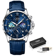 New  Mens Watch Luxury Moon Phase Waterproof Date Clock Casual Blue Leather Quartz Wristwatches Men Chronograph Reloj Hombre