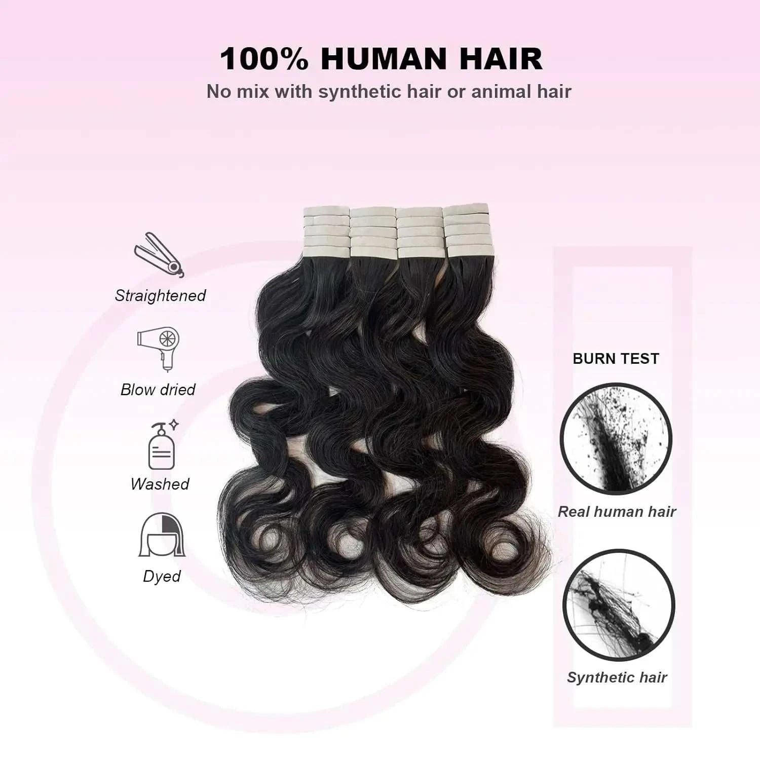 Body Wave Tape In Hair Extensions Natural Black 100% Human Hair Curly Wavy Skin Weft Invisible Full Head Tape ins Hair 20Pcs 50G Khamik Shop Online