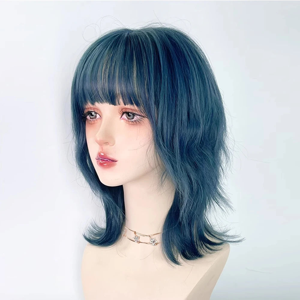 Synthetic Short Curly Blue Mullet Head Wig With Bangs Women Cosplay Anime Realistic Fake Hair For Daily Party Khamik Shop Online