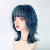 Synthetic Short Curly Blue Mullet Head Wig With Bangs Women Cosplay Anime Realistic Fake Hair For Daily Party Khamik Shop Online