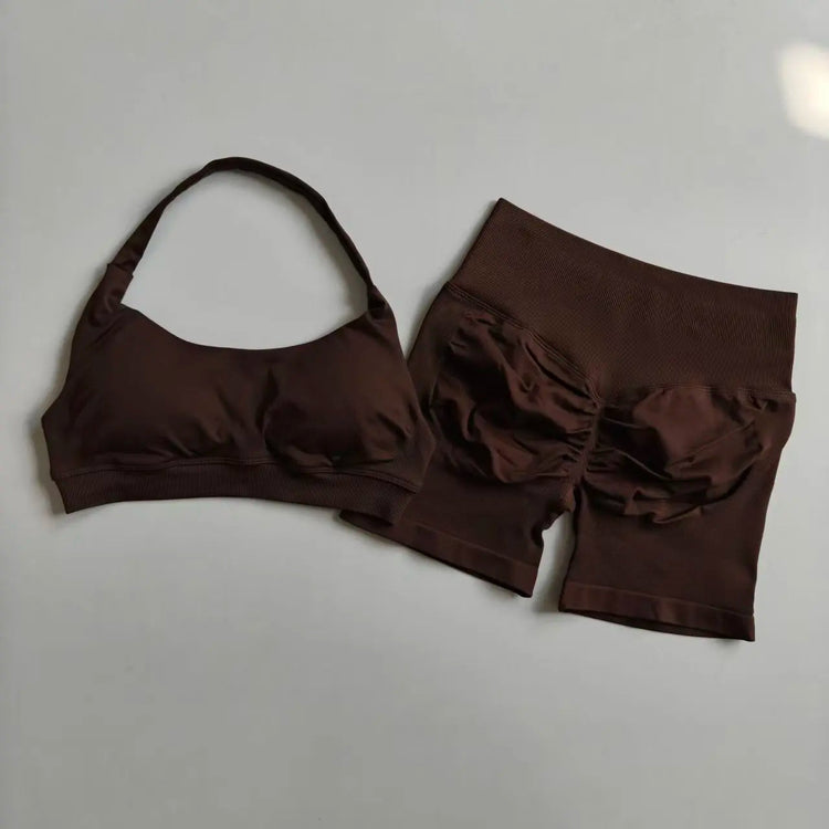 Sexy Halter Neck Beautiful Back High Waist Peach Sports Bras Shorts Suit Pilates Gathering Yoga Vest Training Fitness Bra Sets Khamik Shop Online