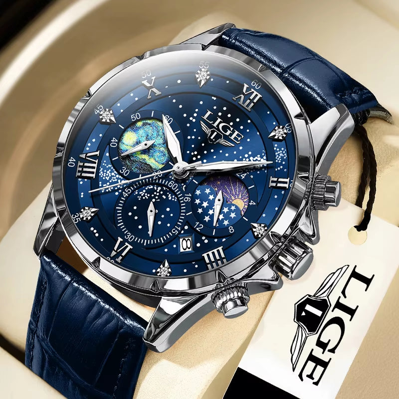 New  Mens Watch Luxury Moon Phase Waterproof Date Clock Casual Blue Leather Quartz Wristwatches Men Chronograph Reloj Hombre