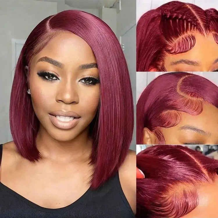 13x4 HD Lace Front Wigs 200 Density Preplucked Prebleached 99J Burgundy Colored 8-14 InchStraight Short Bob Human Hair Wigs Khamik Shop Online