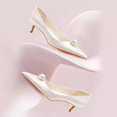 2026 New Luxury Designer White Satin Wedding Bridal Shoes Pearl High Heels Daily Fashion High Heels Khamik Shop Online