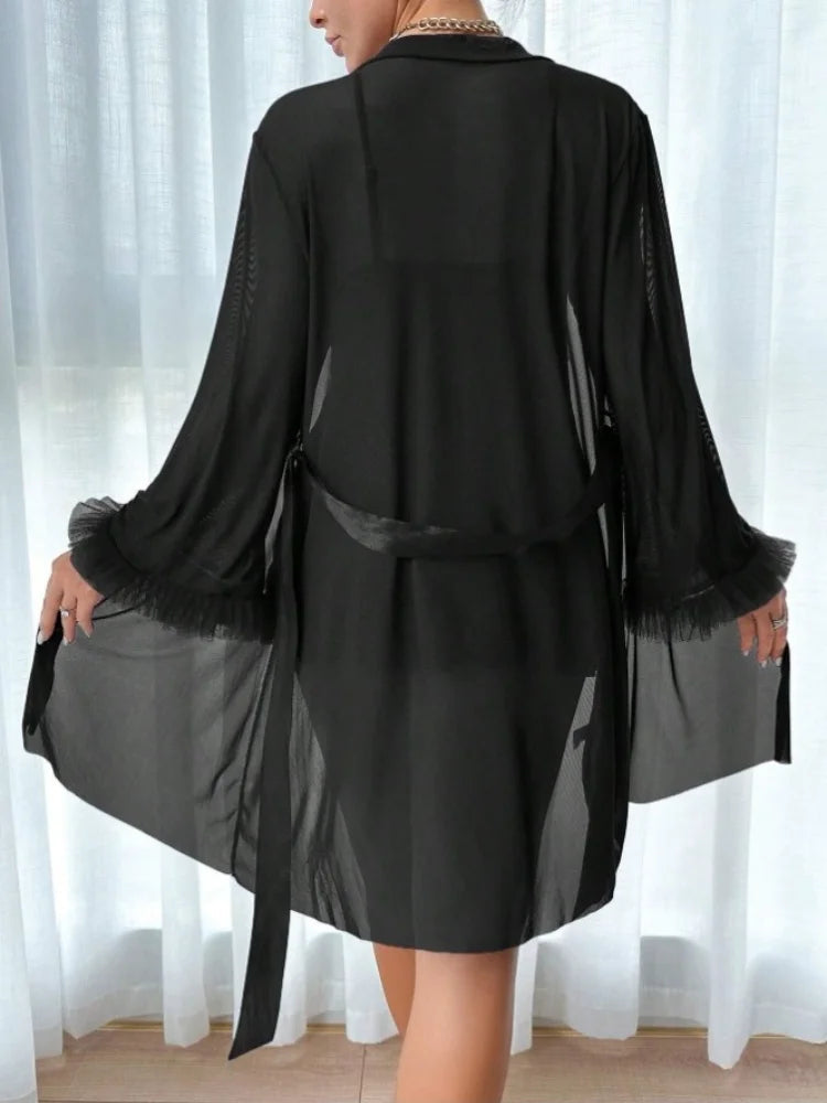 Women 3 Piece Red Sexy Lace Robe Sheer Temptation Lingerie Set Black Slip Dress With Gauze Coat and Belt Erotic Sleepwear Suit Khamik Shop Online