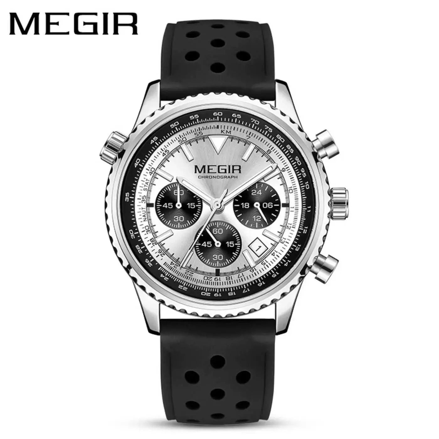 MEGIR Silver Black Quartz Watch Men Military Sport Chronograph Wristwatch with Silicone Strap Luminous Hands Auto Date 2236 Khamik Shop Online
