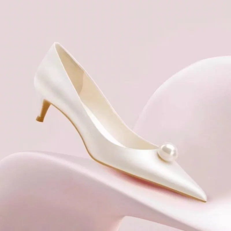 2026 New Luxury Designer White Satin Wedding Bridal Shoes Pearl High Heels Daily Fashion High Heels Khamik Shop Online