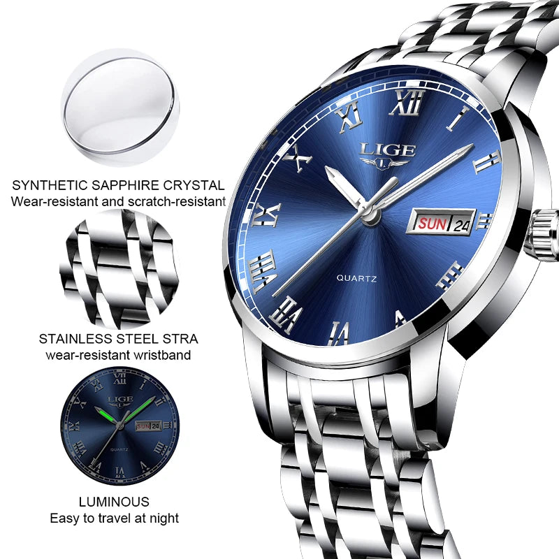 LIGE Top Brand Luxury Quartz Man Watch Fashion Business Stainless Steel Watches for Men Waterproof Casual Auto Date Weeks Clocks
