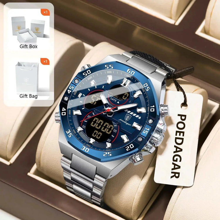POEDAGAR Sport Men Watch LED Waterproof Week Date Digital Wristwatch Stainless Steel Quartz Military Men&