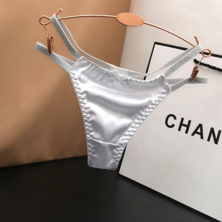 Sexy Silk Satin Thongs Hollow Out Fashion Solid Color Panties Cotton Crotch Low Waist Breathable Pure Color Women&