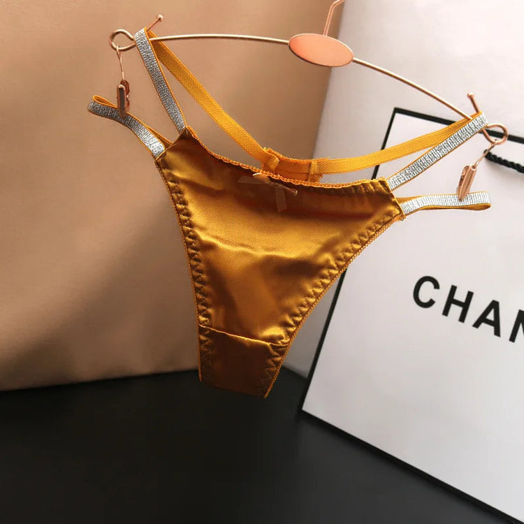 Sexy Silk Satin Thongs Hollow Out Fashion Solid Color Panties Cotton Crotch Low Waist Breathable Pure Color Women&
