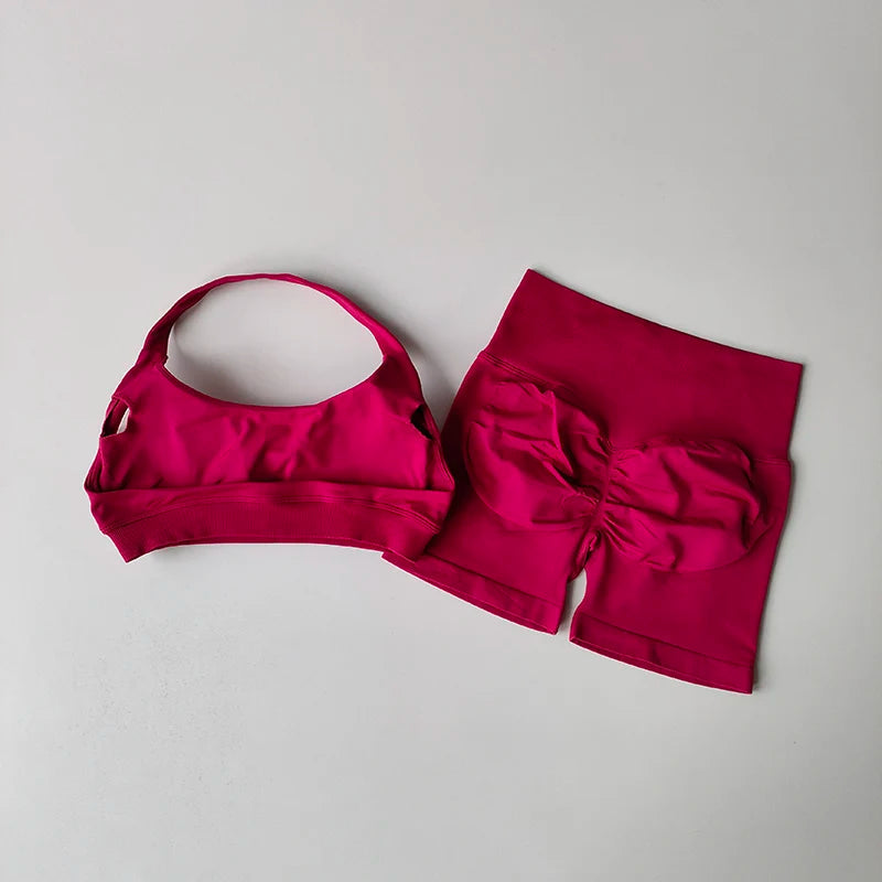 Sexy Halter Neck Beautiful Back High Waist Peach Sports Bras Shorts Suit Pilates Gathering Yoga Vest Training Fitness Bra Sets Khamik Shop Online