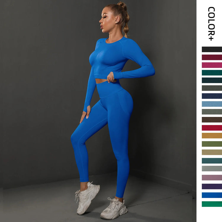2Pcs Women Sets Energy Seamless Gym Suits Bubble Butt Sports Pants+Long Sleeve Shirts Push Up Running Sets Tracksuits Tights Set Khamik Shop Online