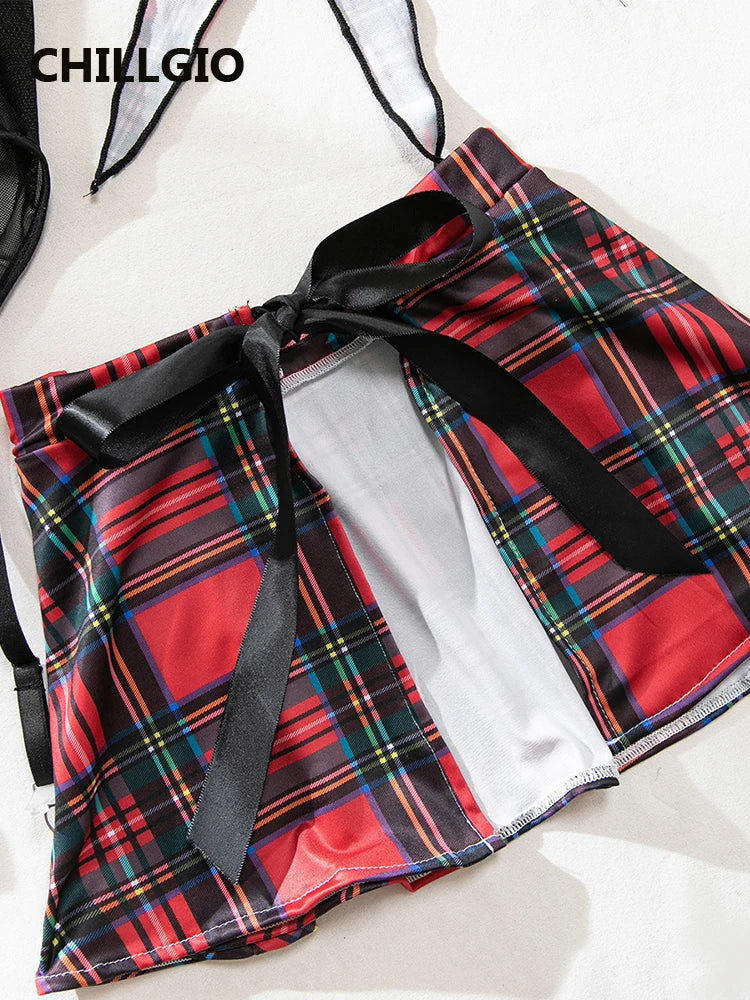 CHILLGIO Women Plaid Print Bodysuits Skirts 4 Pieces Sets Fashion Erotic Cosplay One Pieces Combination Strappy Rompers Lingerie Khamik Shop Online