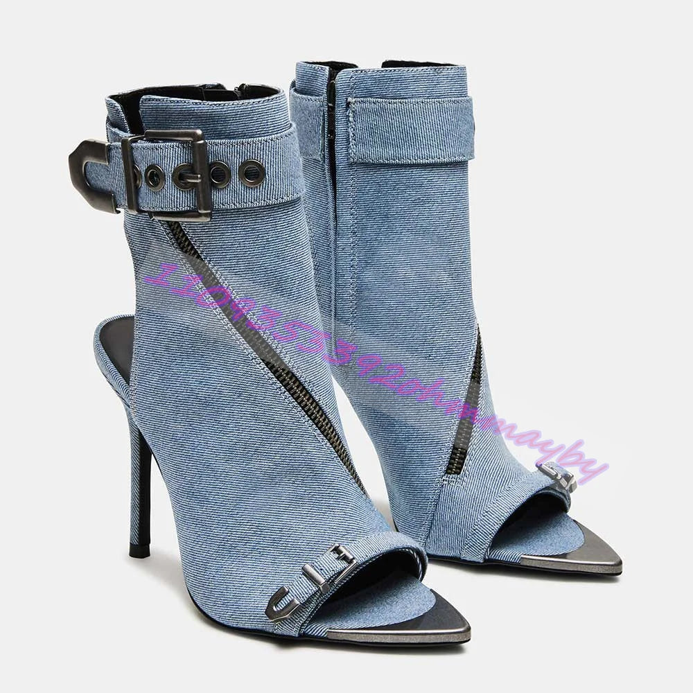Summer Blue Denim Pointed-Toe Boots For Women Open-Toe Leather Belt Buckle Sandals Fashion Metal Pointed-Toe Zipper High Heels Khamik Shop Online