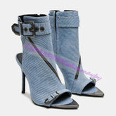 Summer Blue Denim Pointed-Toe Boots For Women Open-Toe Leather Belt Buckle Sandals Fashion Metal Pointed-Toe Zipper High Heels Khamik Shop Online