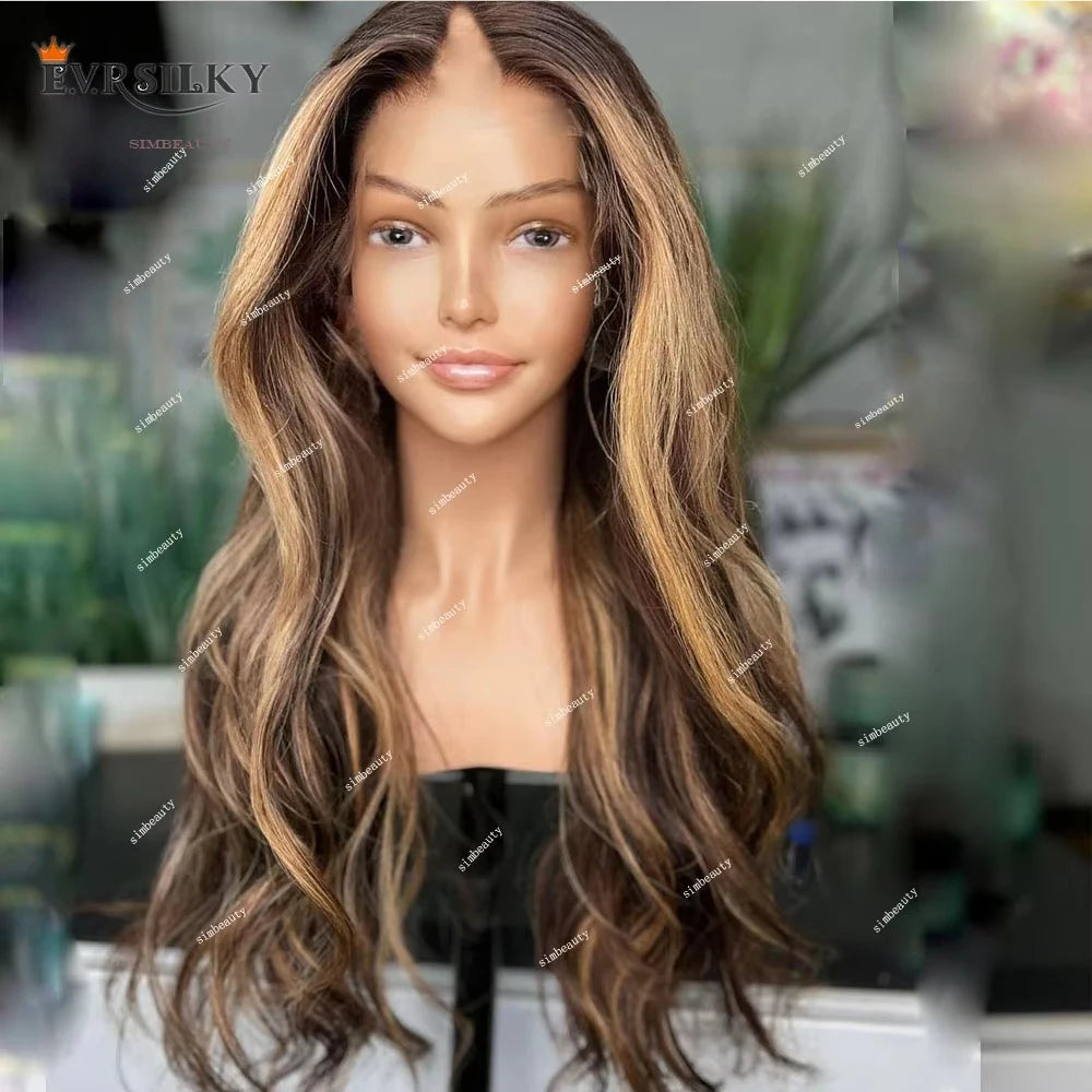 Highlights Honey Blonde Loose Wave V Part Wig 100% Human Hair Wig Ombre Chestnut Brown Body Wavy Cheap Full U Shape End 250% Khamik Shop Online