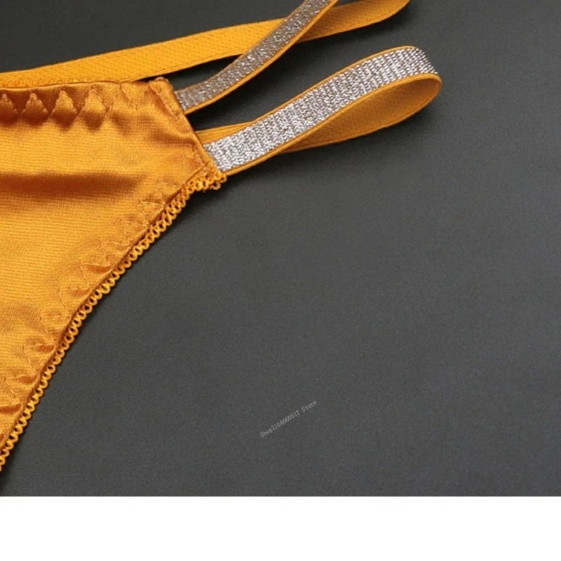 Sexy Silk Satin Thongs Hollow Out Fashion Solid Color Panties Cotton Crotch Low Waist Breathable Pure Color Women&