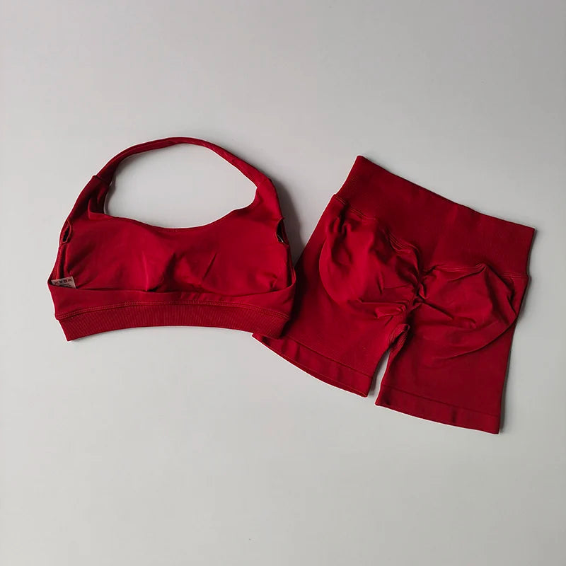 Sexy Halter Neck Beautiful Back High Waist Peach Sports Bras Shorts Suit Pilates Gathering Yoga Vest Training Fitness Bra Sets Khamik Shop Online