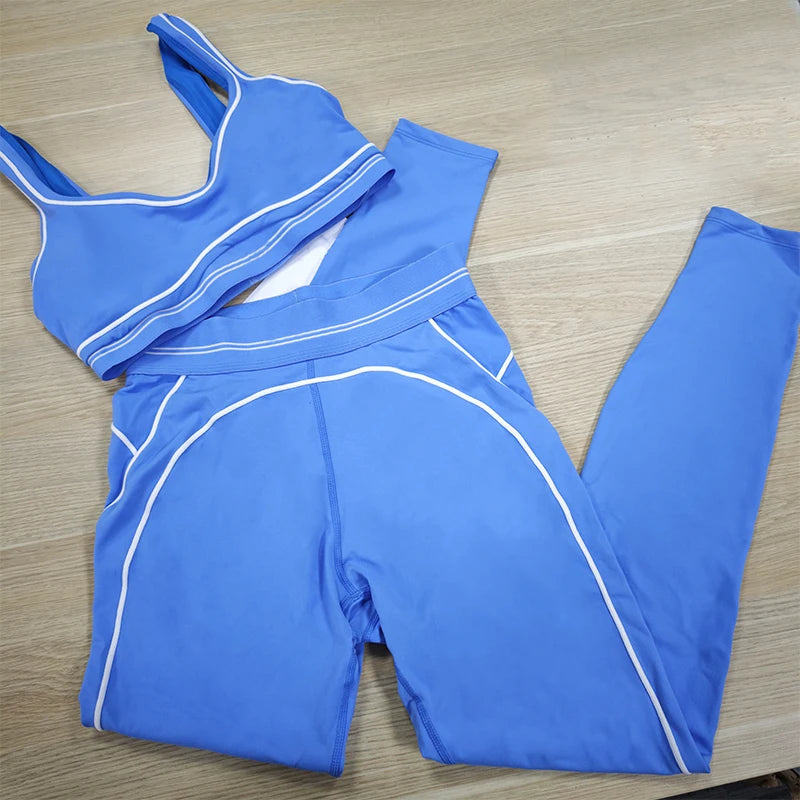 Yoga Suit Women Sport Set Pilates Clothing High Waisted Elasticized Leggings Hip Lifting Pants Gather Top Vest Strip Workout Set Khamik Shop Online