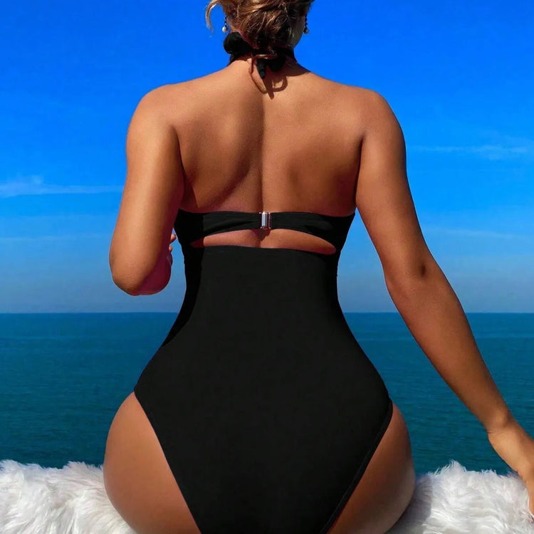Women Swimsuit Halter Neck Solid Swimsuit Backless Waist Cinching Bathing Suit Ruched Bust High Cut Swimwear Black Woman Khamik Shop Online