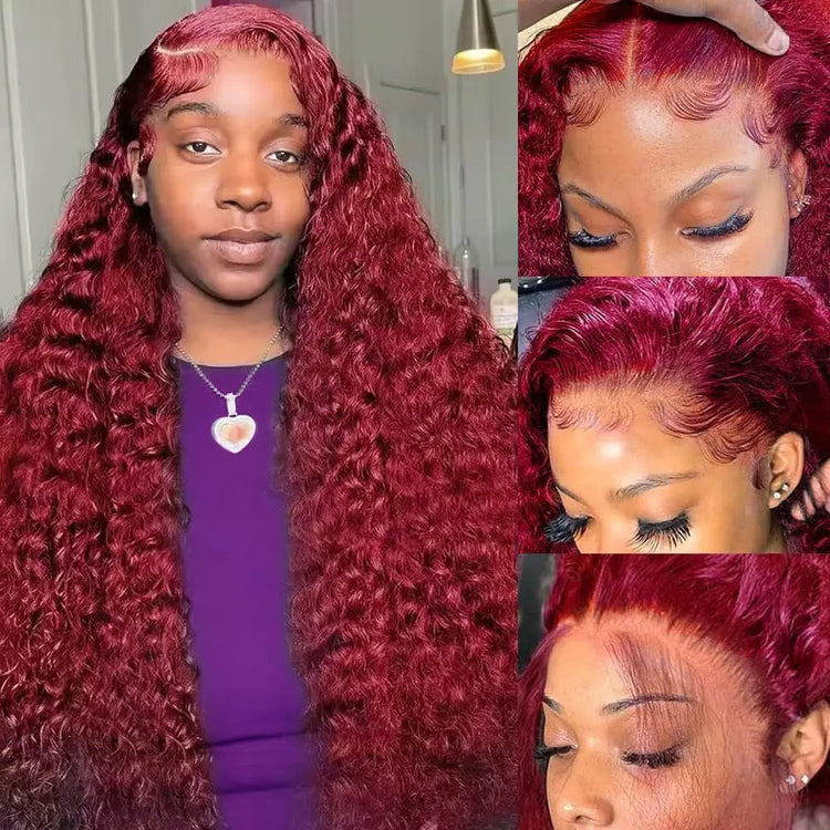 200 Density Burgundy Deep Wave Human Hair Wig 99J Colored 13x4 13x6 HD Water Curly Wave Full Lace Frontal Wigs For Women 46 Inch - Khamik Shop Online