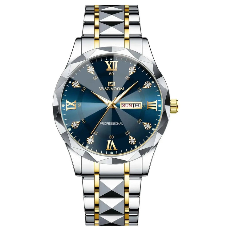 VA VA VOOM Hot Selling Original Blue Gold Quartz Watch Men Fashion High Quality Japanese Movement Gold Stainless Steel Fashion Clock Sports Gift Watch Men Rhombus Design Business Quartz Watch Men Fashion Gold Clock Sports Gift Watch for Men Khamik Shop Online