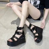 Fashion Women Peep Toe Black Sandals Ladies Summer Casual Sexy Rivets Design Thick Heels Shoes Ankle Buckle Footwears Khamik Shop Online
